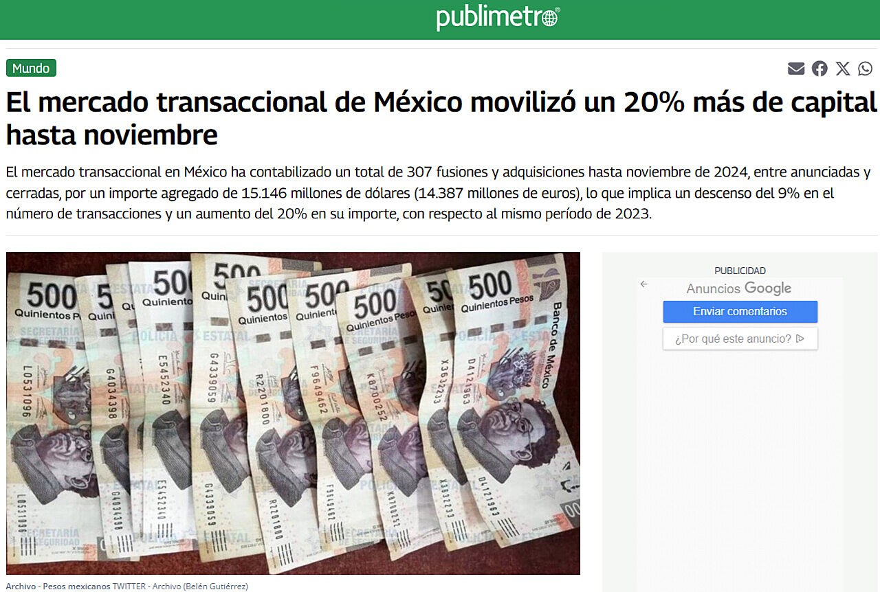 El mercado transaccional de Mxico moviliz un 20% ms de capital hasta noviembre